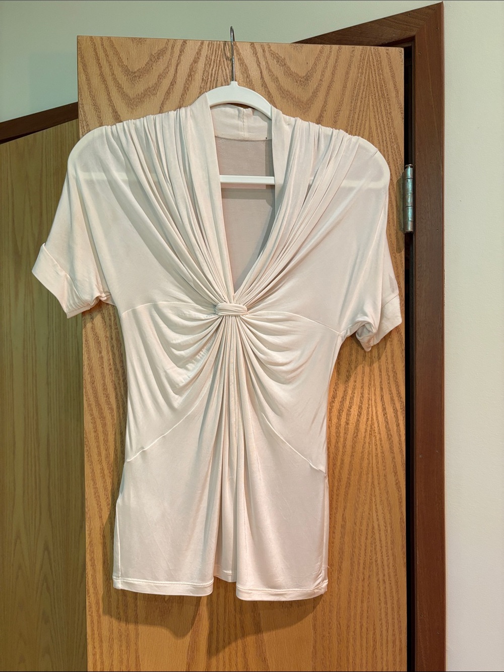 BCBGMaxAzria Cream Knot-Front Short Sleeve Top